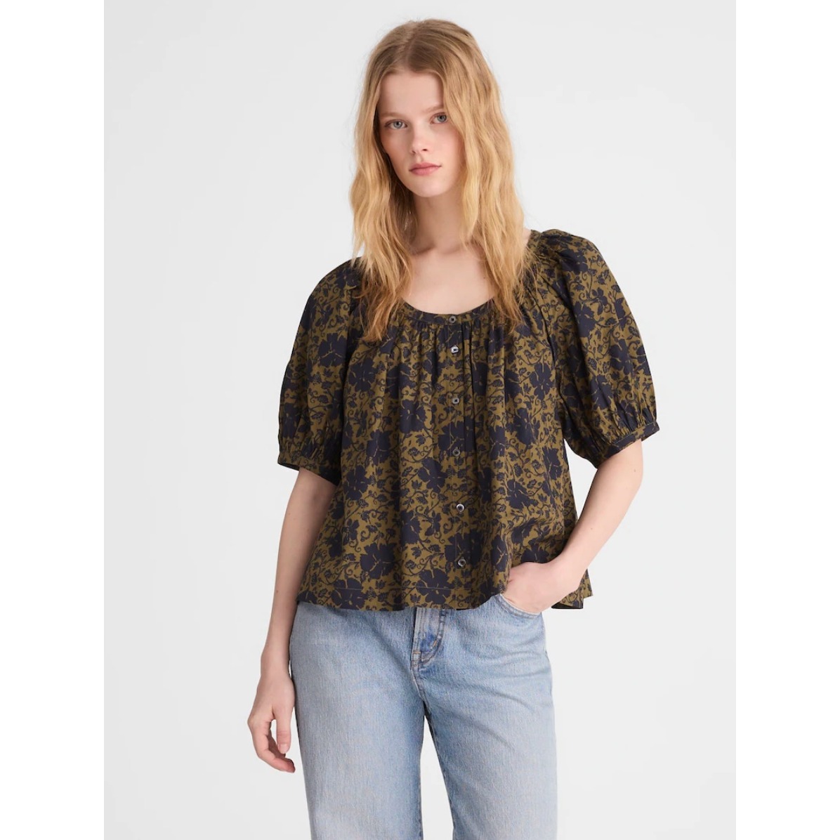 Nwt Madewell Puff Sleeve Floral Button Top Cottagecore Olive Green S